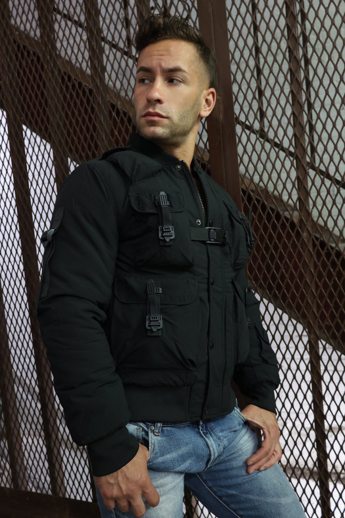 Strapped bomber vest hot sale in black